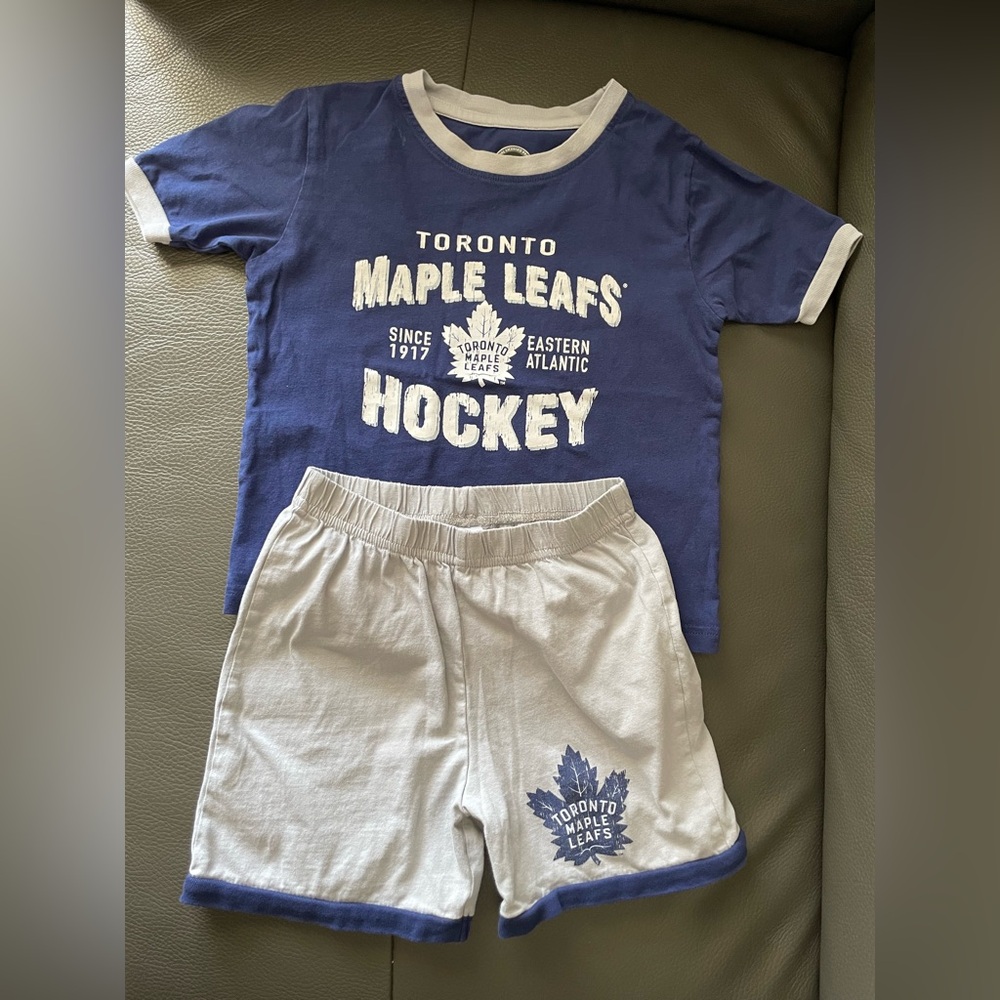 💯 Cotton Toronto Maple Leafs Kids Blue Hockey Tee and Light Gray Shorts Set